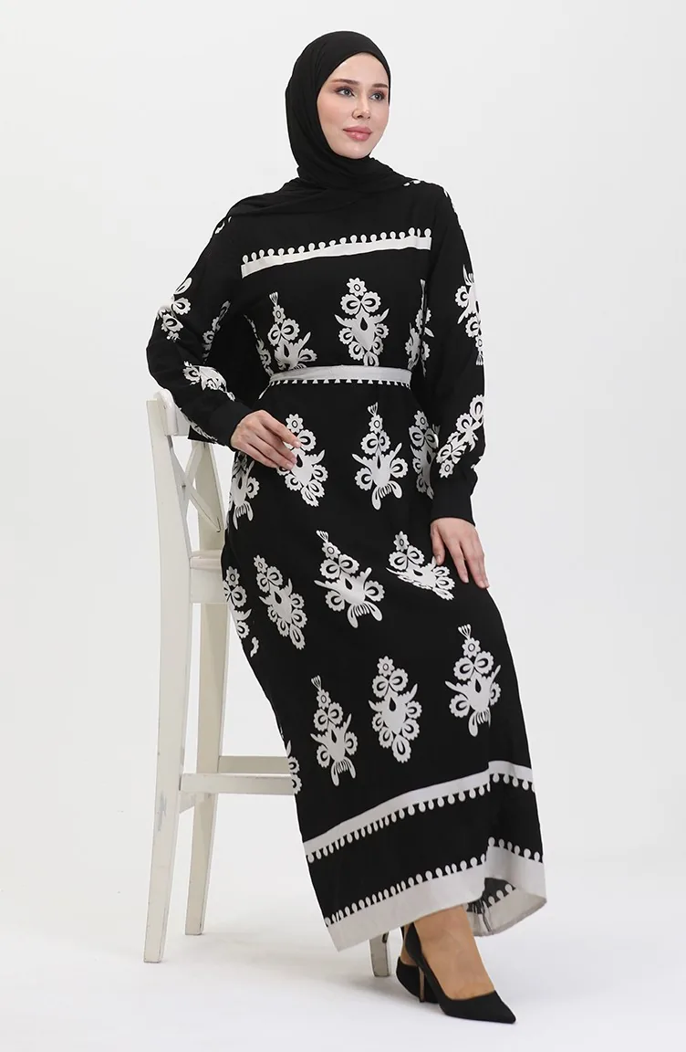 Gemustertes Viskosekleid Mit Gürtel 0443-02 Schwarz 0443-02
