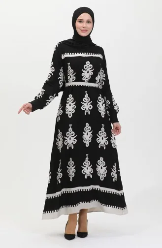 Gemustertes Viskosekleid Mit Gürtel 0443-02 Schwarz 0443-02