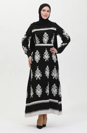 Gemustertes Viskosekleid Mit Gürtel 0443-02 Schwarz 0443-02
