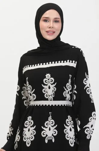 Gemustertes Viskosekleid Mit Gürtel 0443-02 Schwarz 0443-02