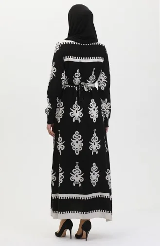 Gemustertes Viskosekleid Mit Gürtel 0443-02 Schwarz 0443-02