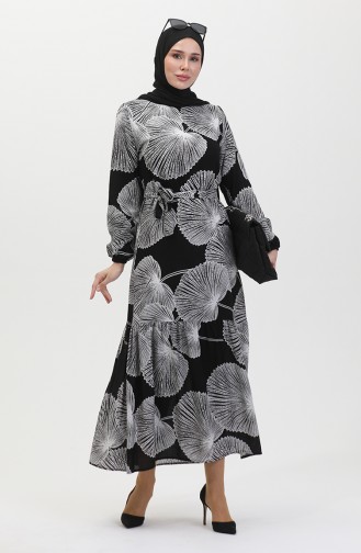 Gemustertes Kleid Mit Gürtel 0445-05 Schwarz 0445-05