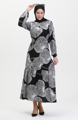 Gemustertes Kleid Mit Gürtel 0445-05 Schwarz 0445-05