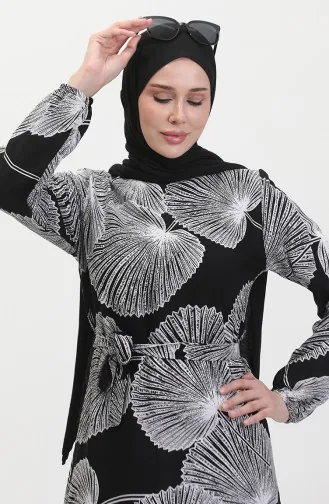 فستان منقوش بحزام 0445-05 أسود 0445-05