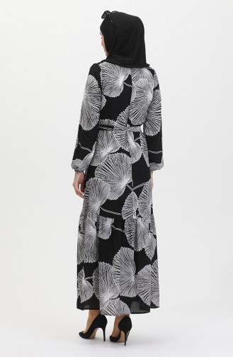 Gemustertes Kleid Mit Gürtel 0445-05 Schwarz 0445-05