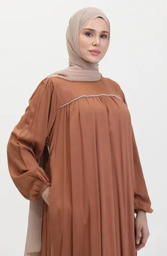 Büyük Beden Şerit Taşlı Robalı Elbise 25Y9056-05 Taba