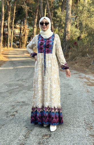 Desenli Viskon Elbise 0139-01 Bej Mürdüm