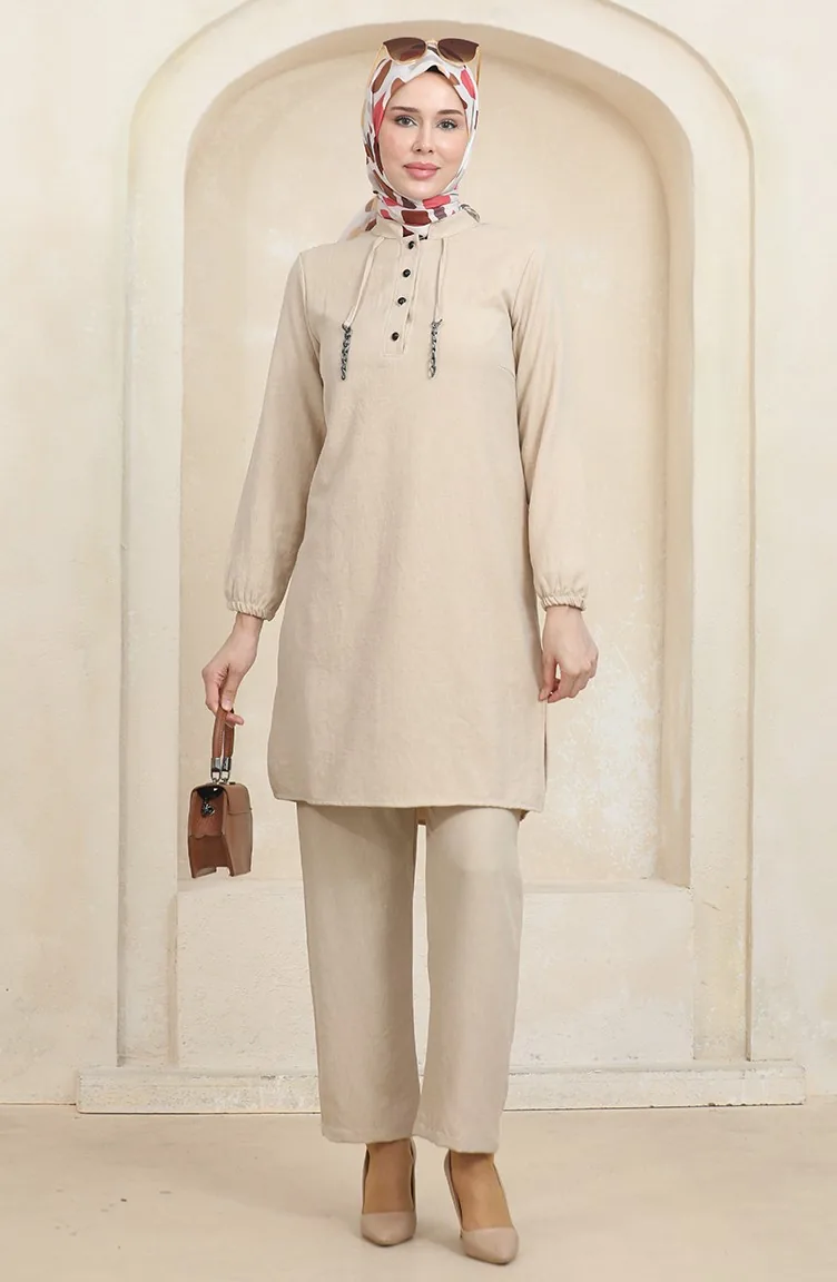 Ensemble Deux Pièces Tunique Pantalon Détail Boutons 1004-04 Beige 1004-04