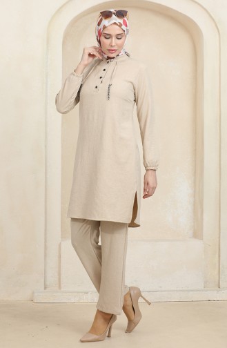 Düğme Detaylı Tunik Pantolon İkili Takım 1004-04 Bej