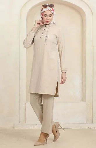 Ensemble Deux Pièces Tunique Pantalon Détail Boutons 1004-04 Beige 1004-04