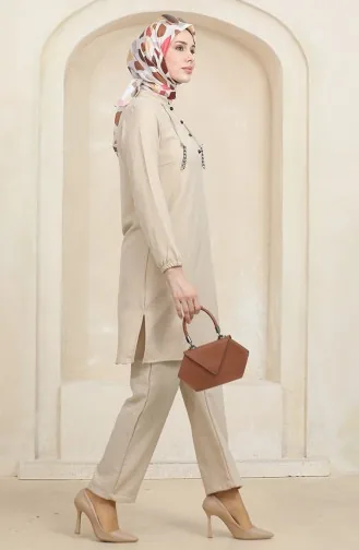 Ensemble Deux Pièces Tunique Pantalon Détail Boutons 1004-04 Beige 1004-04