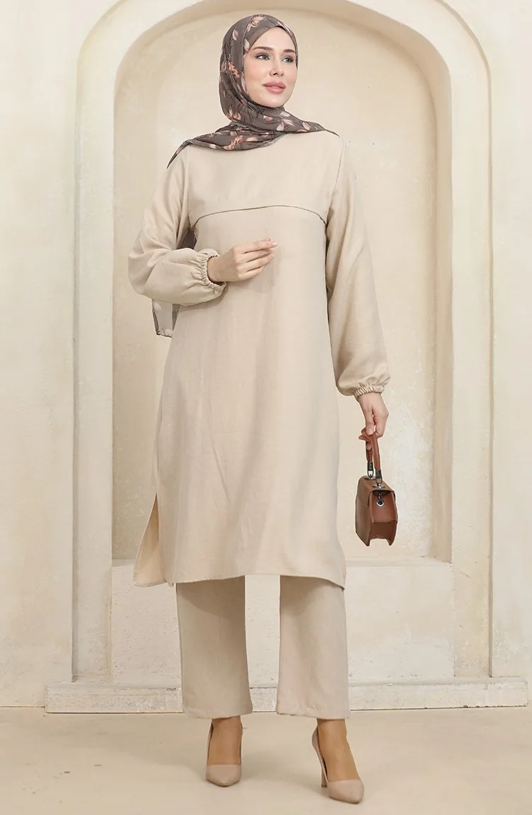 Tunika-Hosen-Doppelanzug Mit Elastischen Ärmeln 1005-02 Nerz 1005-02