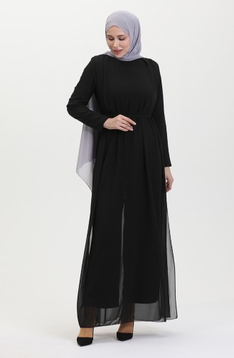 Chiffon-Detail-Abendkleid-Overall 5506-01 Schwarz 5506-01