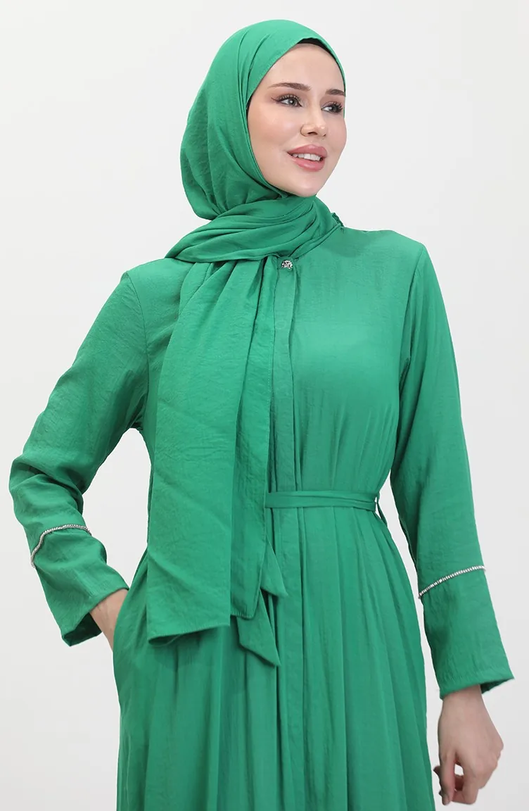 Stone Detailed Dress With Shawl 25Y9011-03 Emerald Green 25Y9011-03 |  Sefamerve