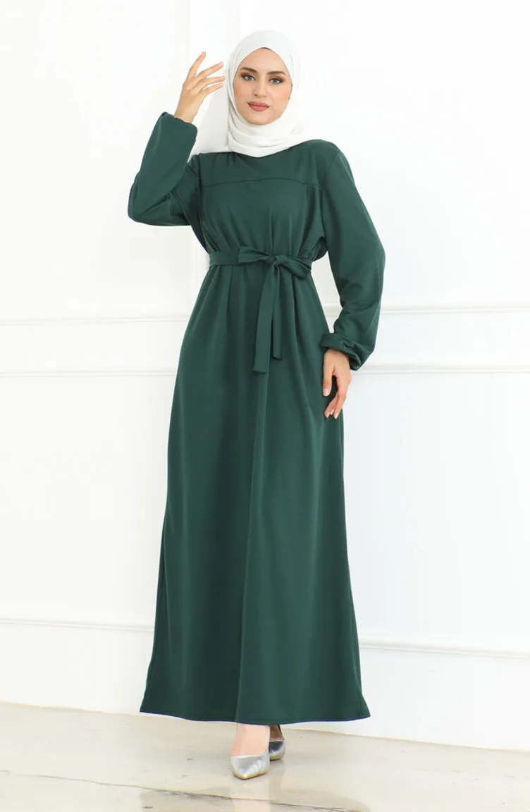 Belted Sports Dress 3028-03 Emerald Green 3028-03 | Sefamerve Belted Sports Dress 3028-03 Emerald Green 3028-03 | Sefamerve