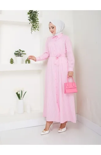 Terekoton Robe Rayée Nouée Sur Le Devant Avec Boutons En Popeline 251-01 Rose 251-01