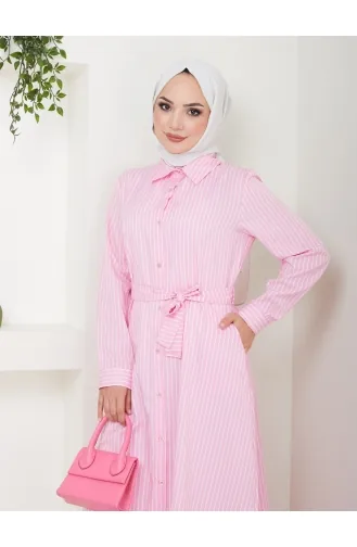 Terekoton Robe Rayée Nouée Sur Le Devant Avec Boutons En Popeline 251-01 Rose 251-01