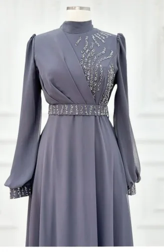 Amine Hüma Derya Chiffon Abendkleid Anthrazit 3270