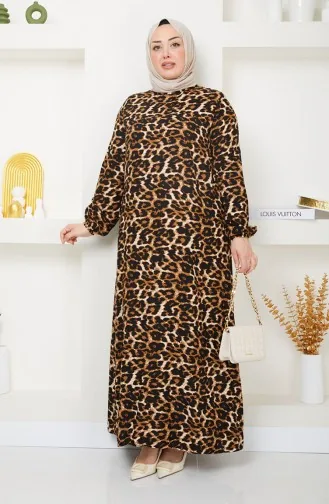Büyük Beden Leopar Desenli Elbise 0718-01 Kahverengi