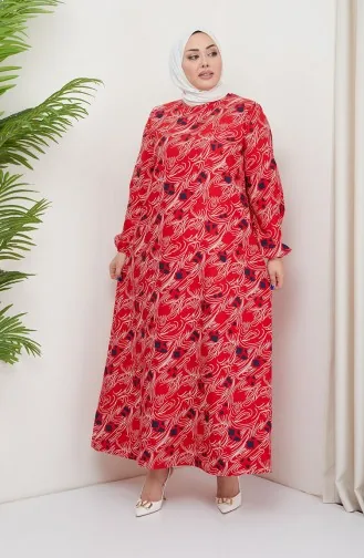 Büyük Beden Desenli Elbise 0710-03 Kırmızı
