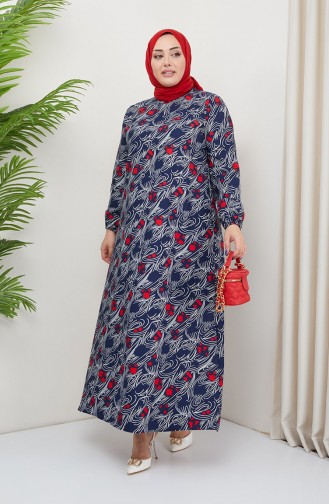 Large Size Patterned Dress 0710-01 Navy Blue 0710-01