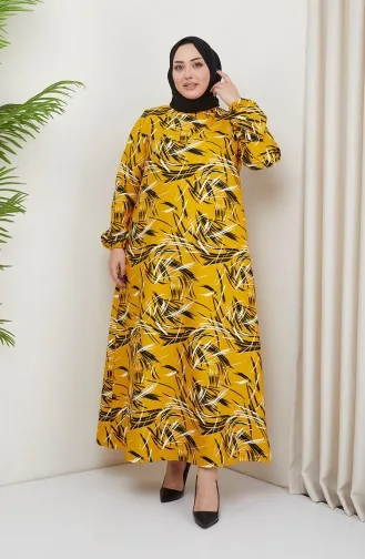 Büyük Beden Desenli Elbise 0711-01 Sarı