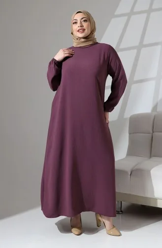 Büyük Beden Kolu Lastikli Düz Elbise 0712-04 Lila