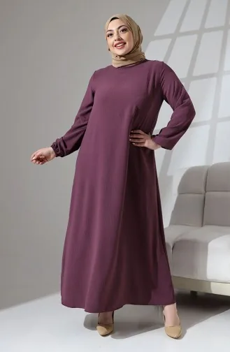 Büyük Beden Kolu Lastikli Düz Elbise 0712-04 Lila