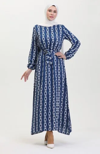فستان منقوش للمحجبات 0453-02 أزرق 0453-02