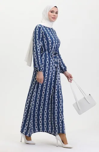 فستان منقوش للمحجبات 0453-02 أزرق 0453-02