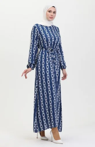 فستان منقوش للمحجبات 0453-02 أزرق 0453-02