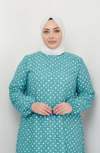 Büyük Beden Puantiye Desenli Elbise 0707-03 Mint Yeşili