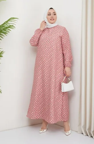 Büyük Beden Puantiye Desenli Elbise 0707-02 Pudra