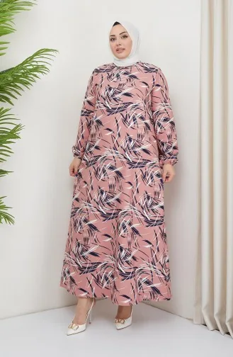 Büyük Beden Desenli Elbise 0711-02 Pudra
