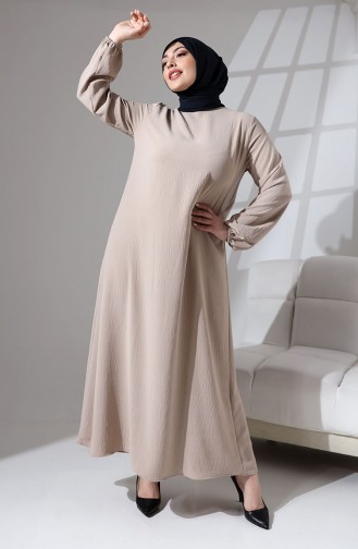 Large Size Plain Dress With Elastic Sleeves 0712-01 Mink 0712-01