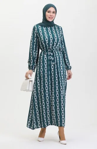 Chain Patterned Elastic Sleeve Dress 0453-04 Green 0453-04