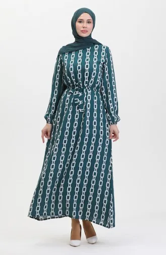 Chain Patterned Elastic Sleeve Dress 0453-04 Green 0453-04