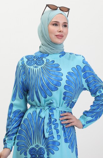فستان منقوش بحزام 50171-01 أزرق ملكي 50171-01