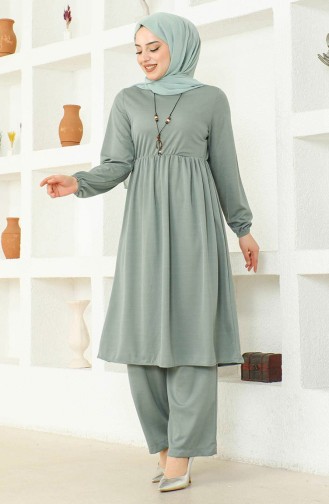 Kolyeli Tunik Pantolon İkili Takım 0583-09 Çağla Yeşili