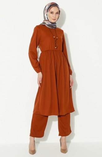 Kolyeli Tunik Pantolon İkili Takım 0583-10 Taba