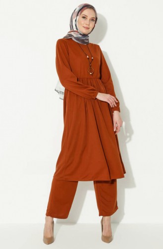 Kolyeli Tunik Pantolon İkili Takım 0583-10 Taba