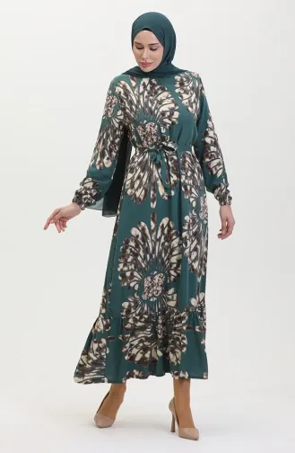 Eteği Fırfırlı Kemerli Elbise 50171-04 Zümrüt Yeşili