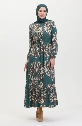 Eteği Fırfırlı Kemerli Elbise 50171-04 Zümrüt Yeşili