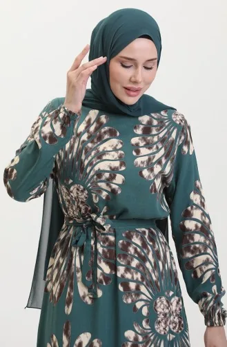 Eteği Fırfırlı Kemerli Elbise 50171-04 Zümrüt Yeşili