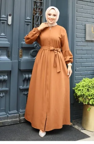 Abaya Bruin Met Ballonmouwen En Gedetailleerde Ritssluiting 4420 520