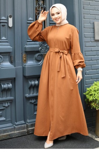 Balloon Sleeve Detailed Zippered Abaya Brown 4420 520