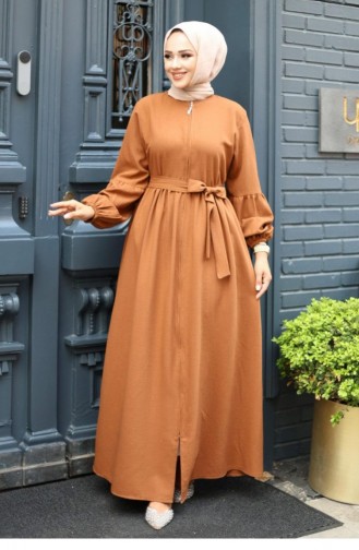 Balloon Sleeve Detailed Zippered Abaya Brown 4420 520