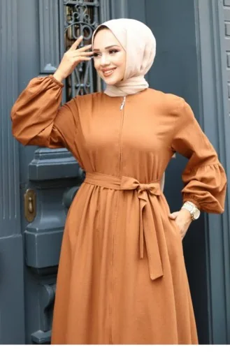 Abaya Bruin Met Ballonmouwen En Gedetailleerde Ritssluiting 4420 520