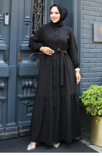 Geknöpfter Bodendetaillierter Abaya Schwarz 4422 525