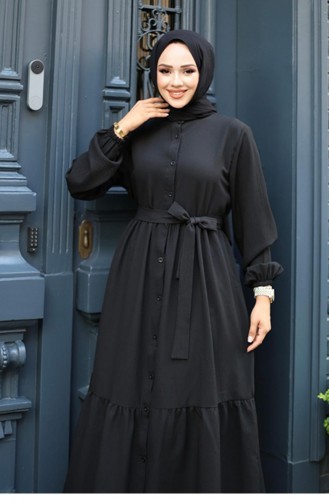 Geknöpfter Bodendetaillierter Abaya Schwarz 4422 525